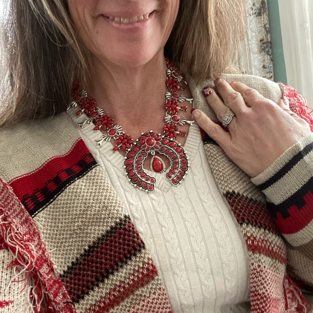 Red Faux Stone Squash Blossom Necklace